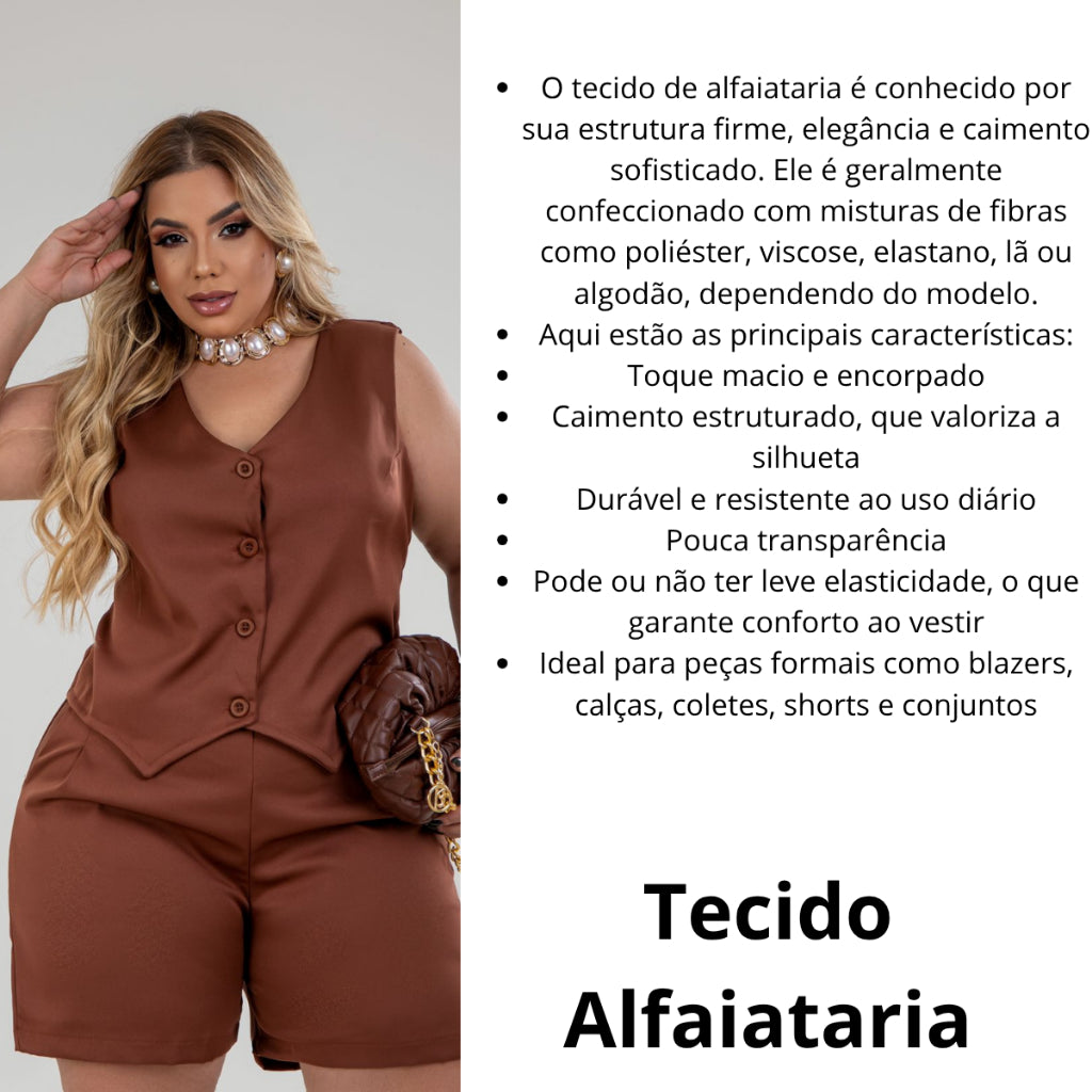 Conjunto De Short Plus Size Sem Bojo Alça Larga Colete - TECIDO ALFAIATARIA