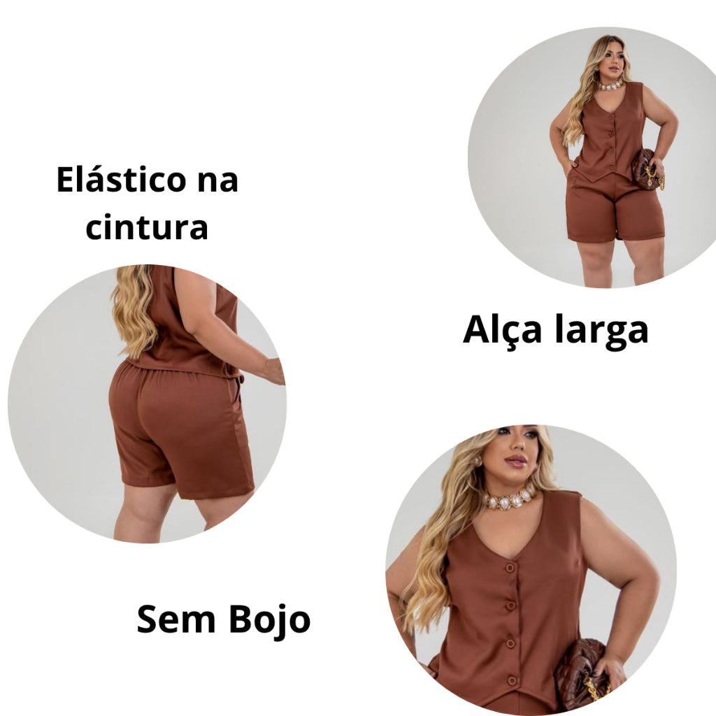 Conjunto De Short Plus Size Sem Bojo Alça Larga Colete - TECIDO ALFAIATARIA