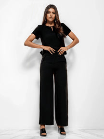 Conjunto Belala Blusa de Manga Curta e Calça Reta com Pregas