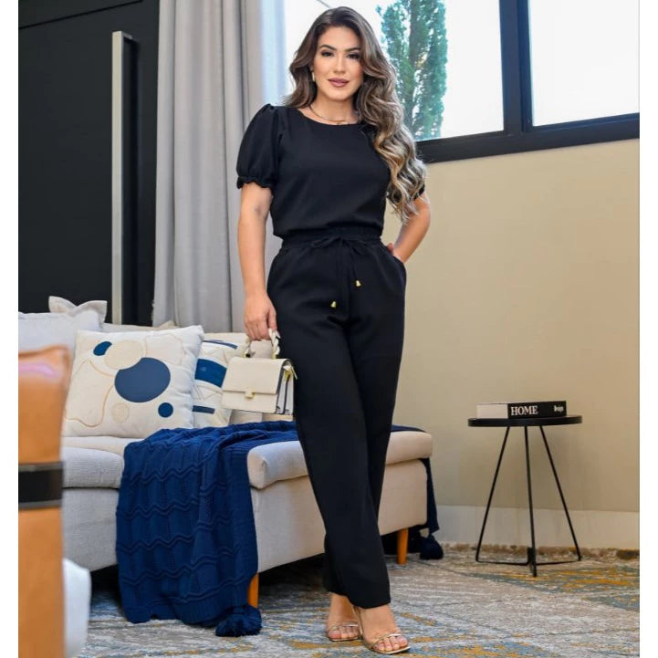 Conjunto Feminino Casual Blusa Calça em Linho De Algodão Com Babado Na Manga