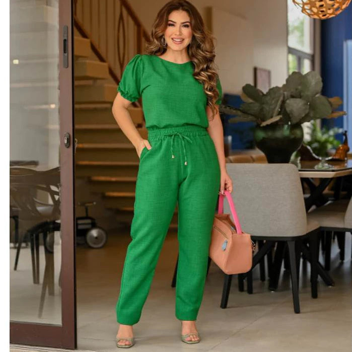 Conjunto Feminino Casual Blusa Calça em Linho De Algodão Com Babado Na Manga