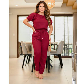 Conjunto Feminino Casual Blusa Calça em Linho De Algodão Com Babado Na Manga