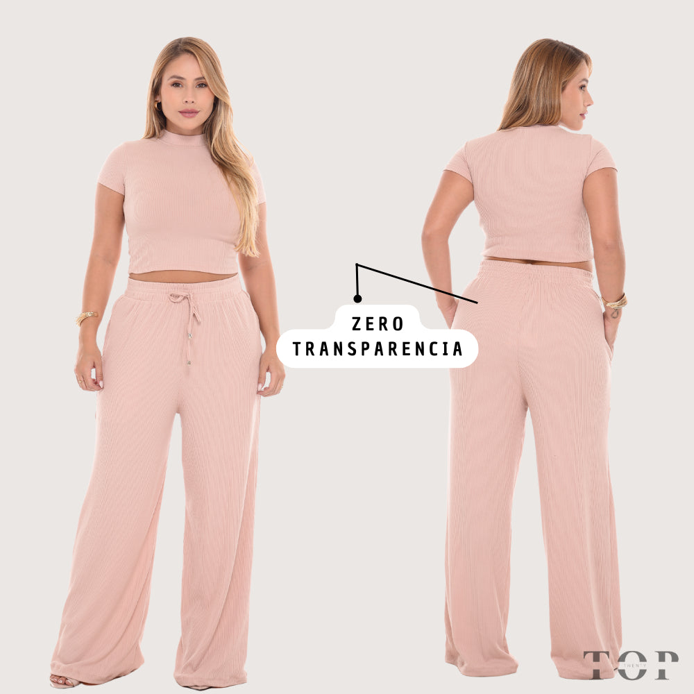 Conjunto Pantalona Feminina Canelada Com Bolso e Elástico na Cintura Blusa Gola Alta