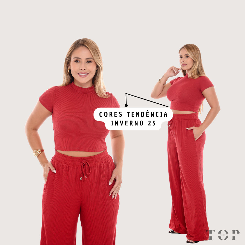 Conjunto Pantalona Feminina Canelada Com Bolso e Elástico na Cintura Blusa Gola Alta