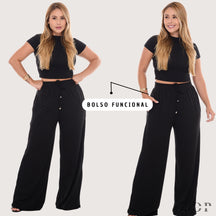 Conjunto Pantalona Feminina Canelada Com Bolso e Elástico na Cintura Blusa Gola Alta