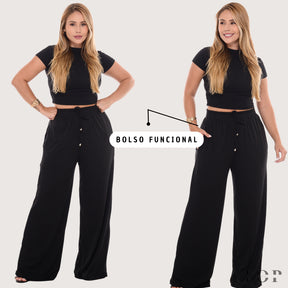 Conjunto Pantalona Feminina Canelada Com Bolso e Elástico na Cintura Blusa Gola Alta