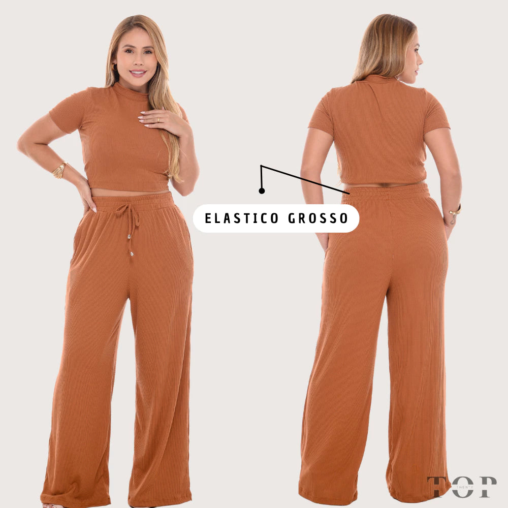 Conjunto Pantalona Feminina Canelada Com Bolso e Elástico na Cintura Blusa Gola Alta