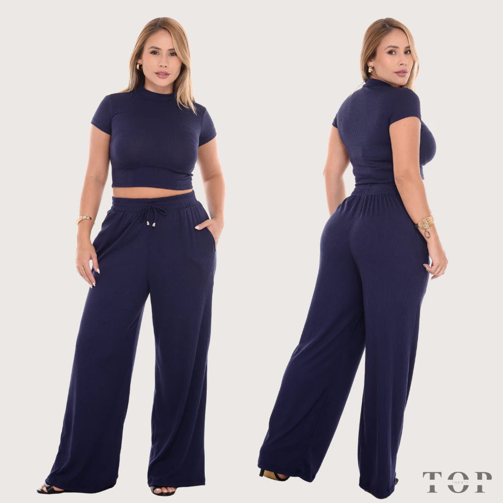 Conjunto Pantalona Feminina Canelada Com Bolso e Elástico na Cintura Blusa Gola Alta