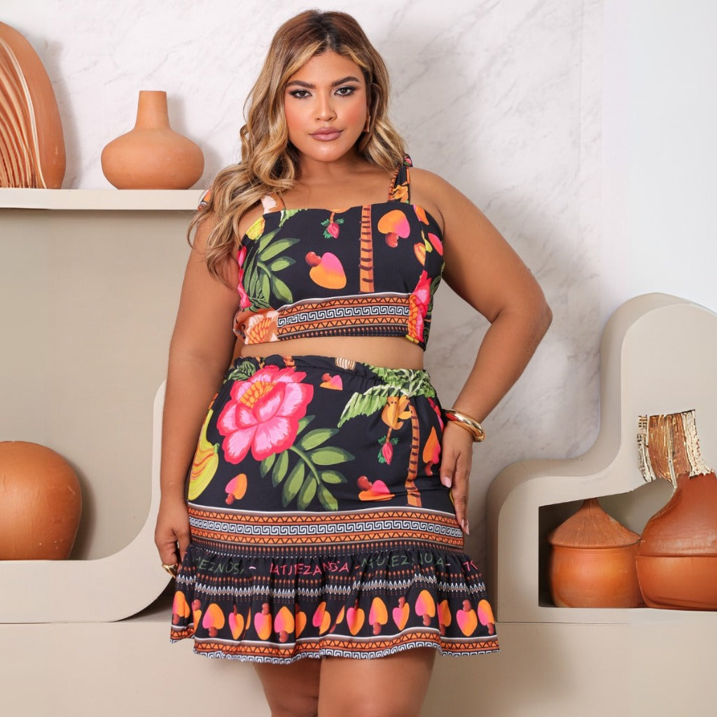 Conjunto Plus Size Estampado Cropped Short Saia