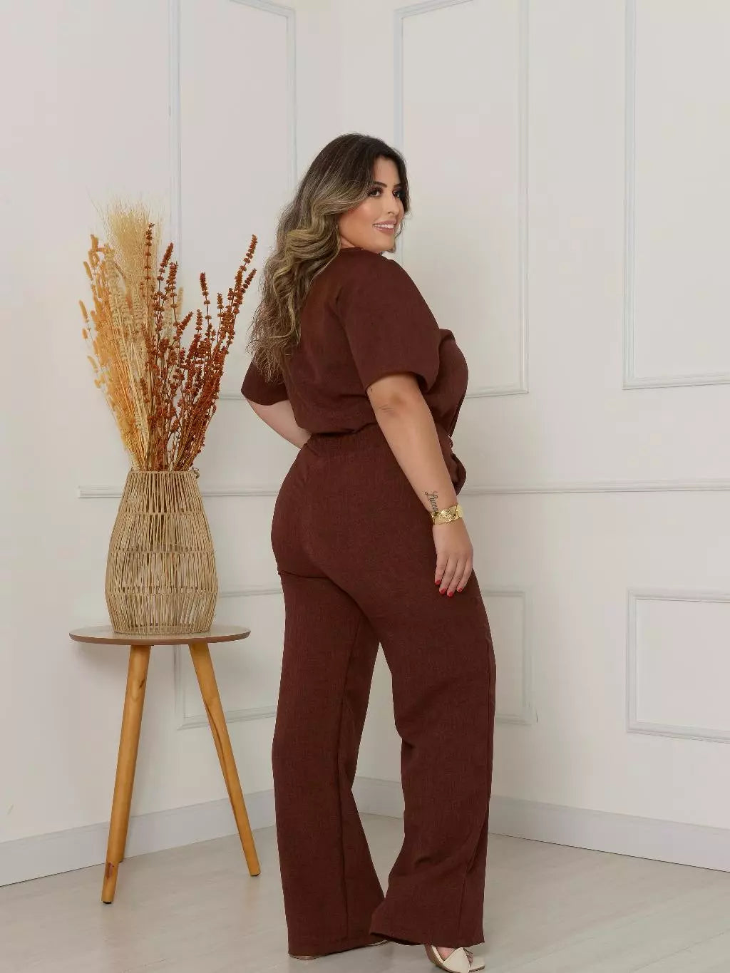 Conjunto Feminino Plus Size em Linho com Elástico na Cintura