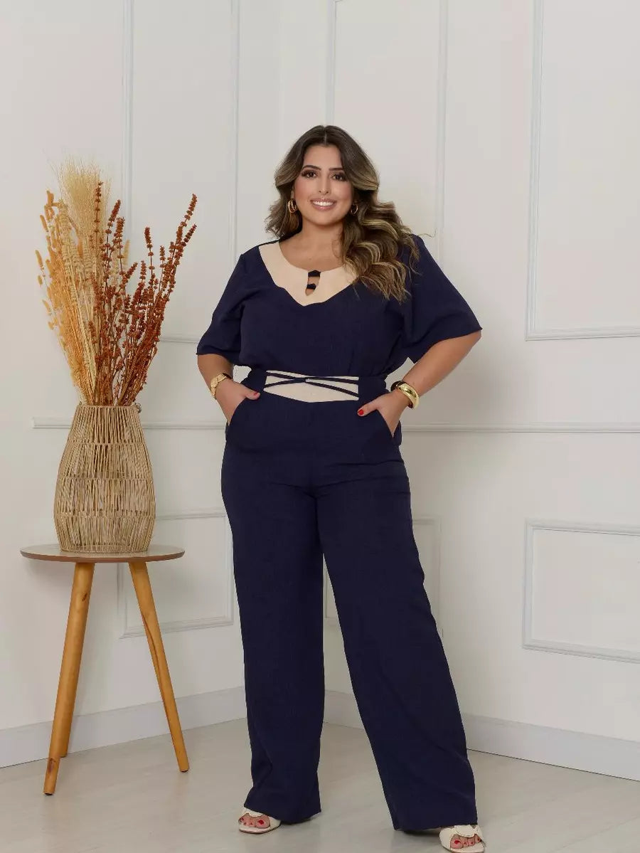 Conjunto Feminino Plus Size em Linho com Elástico na Cintura