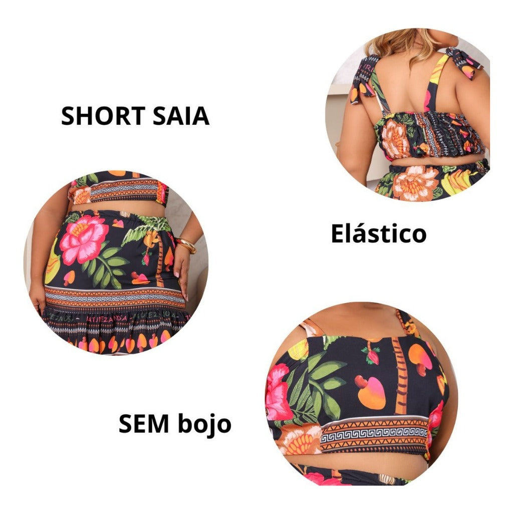 Conjunto Plus Size Estampado Cropped Short Saia