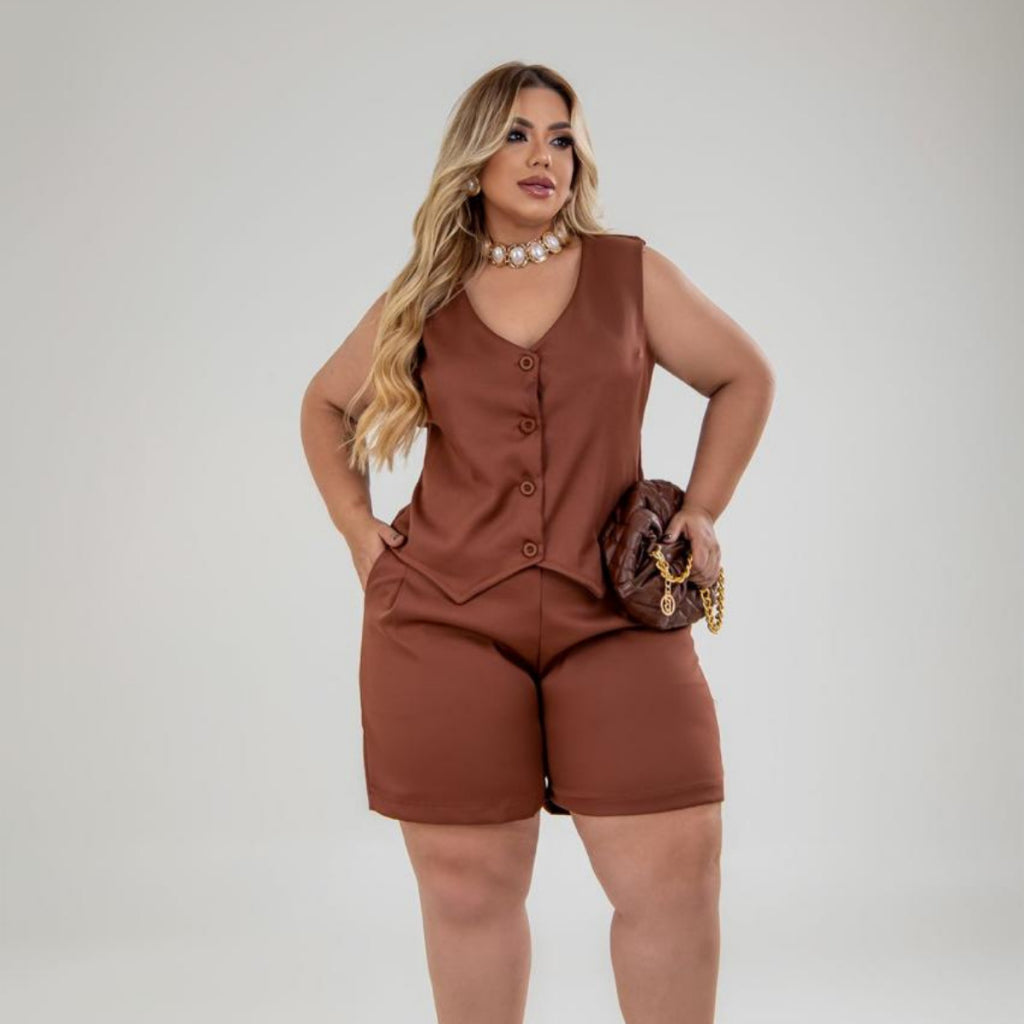 Conjunto De Short Plus Size Sem Bojo Alça Larga Colete - TECIDO ALFAIATARIA