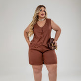 Conjunto De Short Plus Size Sem Bojo Alça Larga Colete - TECIDO ALFAIATARIA