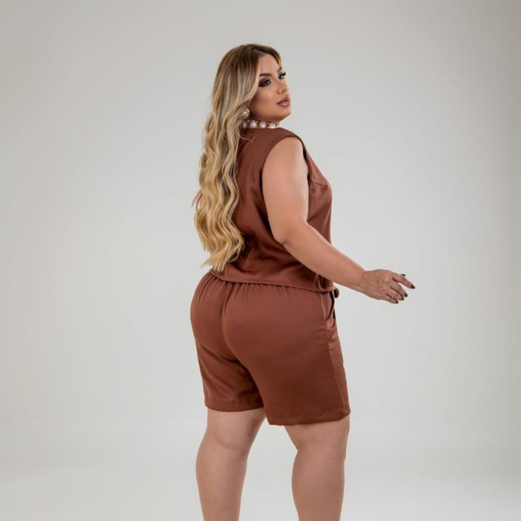Conjunto De Short Plus Size Sem Bojo Alça Larga Colete - TECIDO ALFAIATARIA