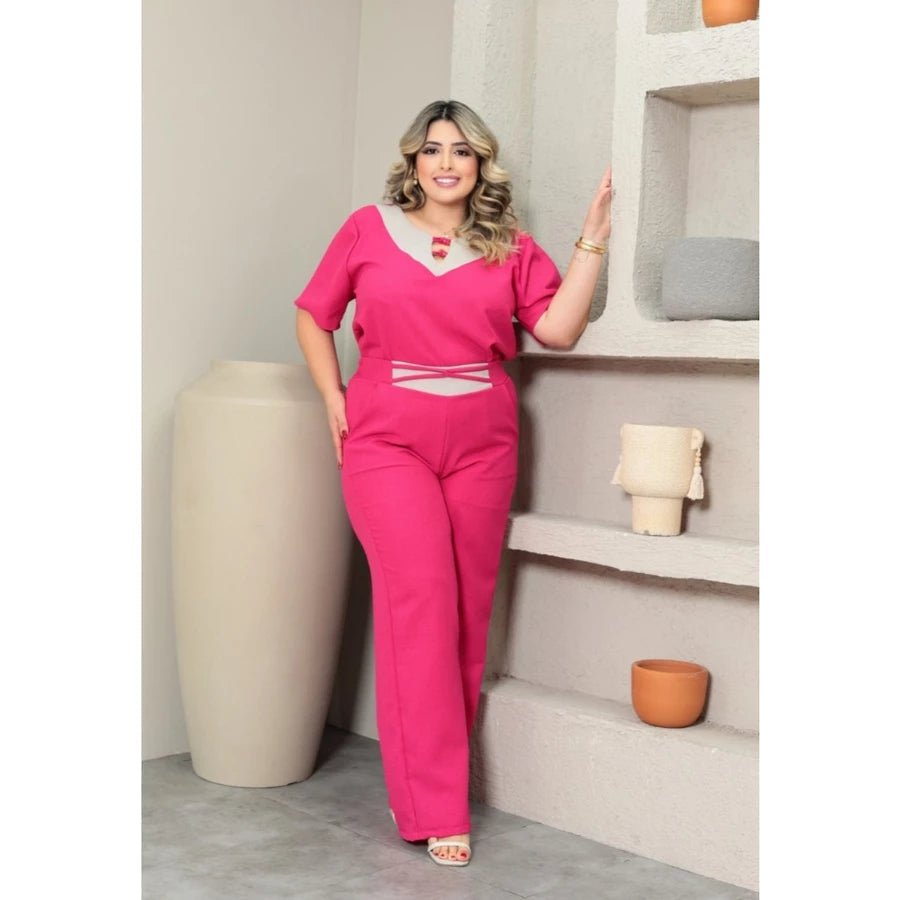 Conjunto Feminino Plus Size em Linho com Elástico na Cintura